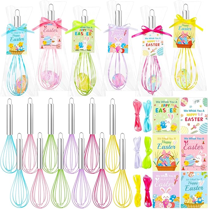 12 Sets 10 Inch Easter Whisks Gifts for Kids Home Baking Sets Includes Colored Whisks, Greeting Cards, Ribbons, Plastic Bags for Happy Easter Teacher Family Friends Neighbor