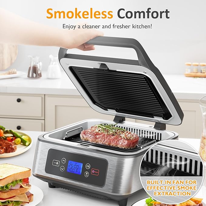 Electric Panini Press Sandwich Maker, 1300W Smokeless Indoor Grill with Removable Non-Stick Plates, Auto-Lift, Fan, Independent Upper Heating, Smart Time & Temperature Control, Silver