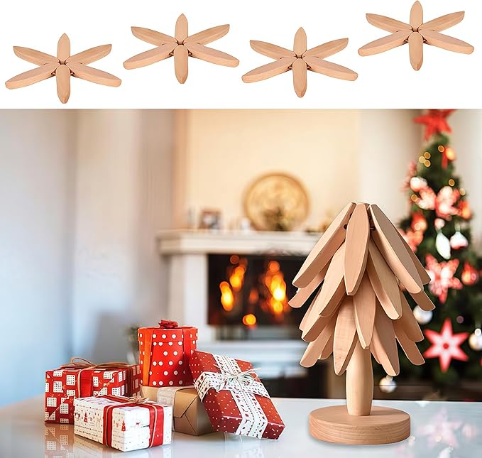 Foldable Kitchen Wooden Trivet Wooden Trivets for Hot Dishes, Tree Shape Trivet Set, 4 Walnut Wood 1 Stand stored Like a Christmas Tree,for Hot Pot Holder, Teapot, Bowl, Hot Dishes (Beech Wood)
