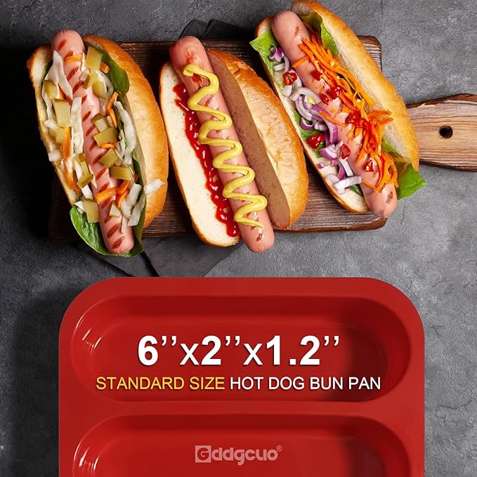 GDDGCUO Silicone Hotdog Bun Pan, 6 Inch Standard Hot dog Bun Mold, 4 Cup Non-stick Homemade Hotdog Bun Baking Pans, Mini Baguette Pans, Dishwasher Safe, 2 Pcs (Red)