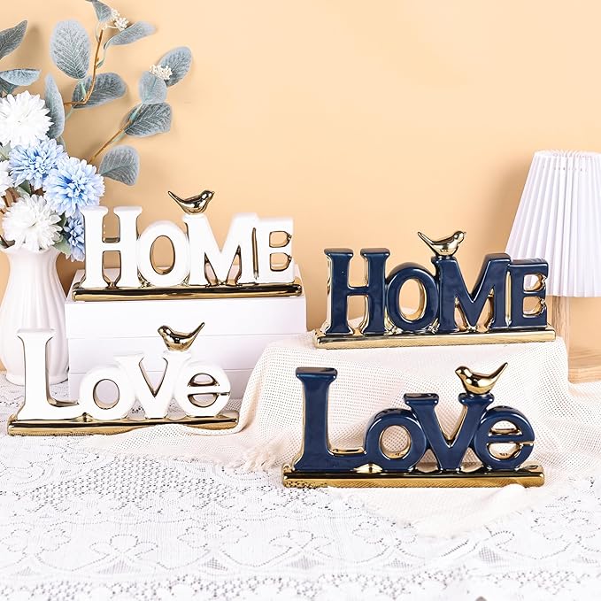 Love Sign Decor,Blue and Gold Room Decor Aesthetic, Knick Knack Shelf,Gold Bird Decor, Boho Bookshelf,Abstract Gold Statue,for Living Room,Bedroom, Contemporary Tv Stand Set of 2 (2, Blue)