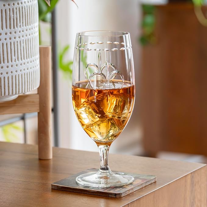 Rolf Glass Fleur De Lis Iced Tea Glass | 16oz Set of 4 Glasses | Lead-Free Diamond-Wheel Engraved Glass | Made in the USA