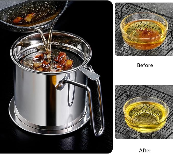 Bacon Grease Container With Strainer, 1.3L Grease Strainer and Container with Dust-Proof Lid, 304 Stainless Steel Oil Filter Storage with Fine Mesh 1.3L