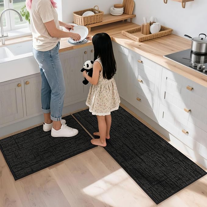 COSY HOMEER Kitchen Rugs 20"x32"+20"x48",Absorbent Soft Kitchen Mats for Floor,Non Slip Kitchen Runner Rug,Washable Kitchen Floor Mats for Sink Mat,Hallway,Laundry,Black