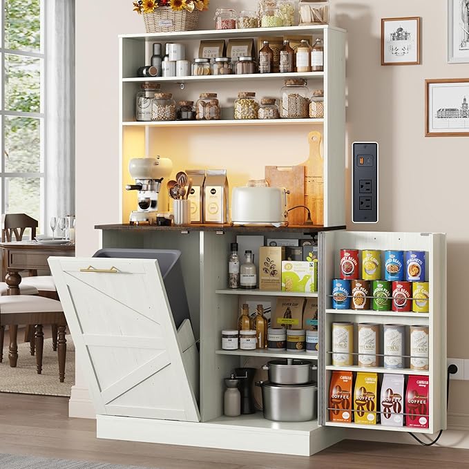 63" H Pantry Cabinets with 10 Gallon Trash Can,Led Light,Outlet,35" W Kitchen Hutch with Tilt Out Trash Can Cabinet,Farmhouse Cupboard with Large Countertop