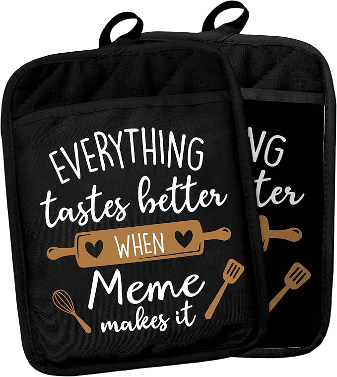 Meme Gifts Pot Holders with Pockets, Grandma Kitchen Gifts, Everything Tastes Better When Meme Makes It Pot Holders Heat Resistant Oven Mitts Hot Pads for Kitchen Baking Cooking