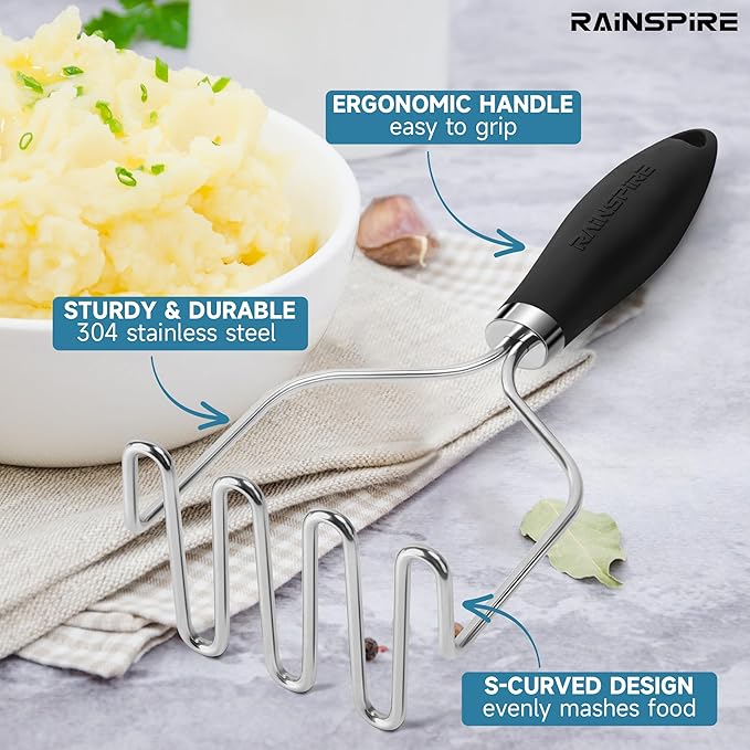 Rainspire Potato Masher Stainless Steel, Mashed Potato Masher Kitchen Tool, Durable Mash Potatoes Masher, Soft Non-slip Handle, Kitchen Utensils, Kitchen Gadgets (Black)