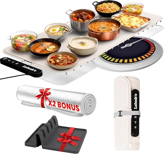 Lalush'e Electric Food Warming Mat, XXL 36x15" - Portable Food Warmer for Parties, Hosting & Buffet Serving Foldable Graphene Heating Tray with 7 Temp Settings, Spoon Rest and Travel Isolation Pad
