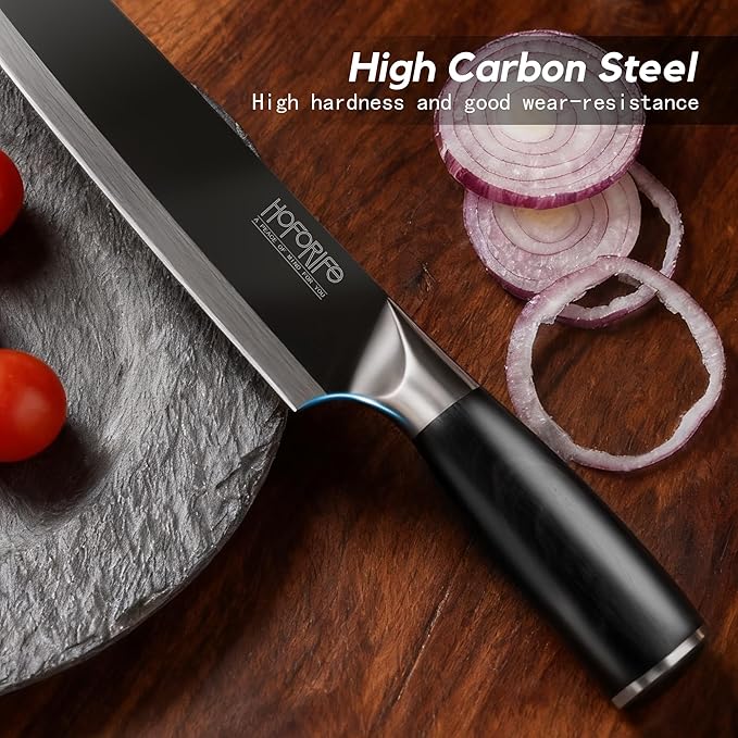 8" Santoku Knife, Japanese Hand Forged Chefs Knife High Carbon Steel Core with Black Wood Ergonomic Handle, Gift Box