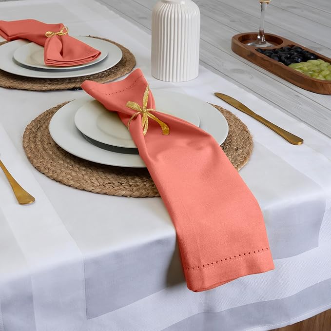Blue Needles Set of 6 Hemstitch Linen Napkins 100% Cotton Salmon Cloth Dinner Napkins 18x18 inches, Soft, Reusable, Absorbent, Washable, Ideal for Wedding Events, Parties & Everyday Use