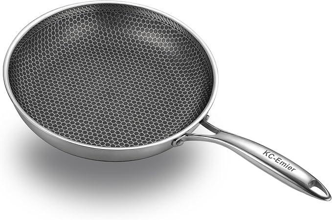 KC-Emier 10 Inch Non-Stick Frying Pan Tri-Ply Stainless Steel Pan with Stay-Cool Handle Oven & Dishwasher Safe For Induction, Ceramic & Gas Stovetops