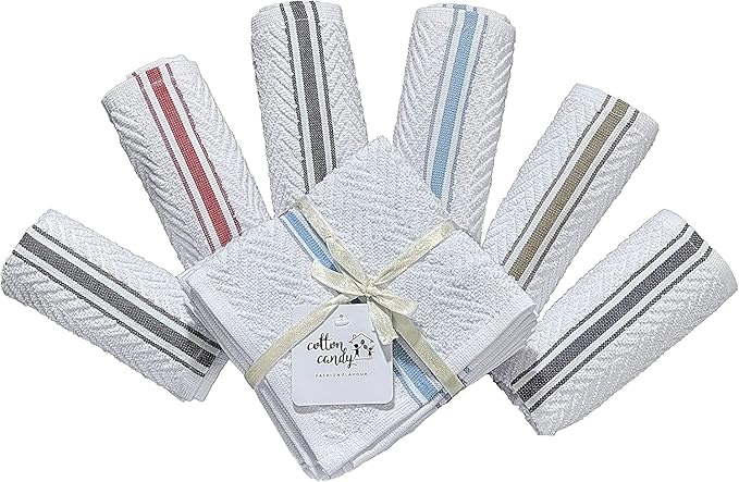 Fashion Flavor - Terry Dish Towel Set of 6 Size 12"x12". Highly Absorbent, Soft Yet Sturdy, Machine Washable and with a Convenient Hanging Loop