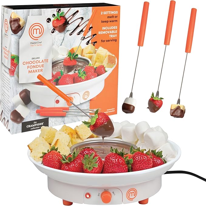 MasterChef Chocolate Fondue Maker- Valentine Must Have- Electric Dessert Fondue Pot Set w 4 Forks, Party Serving Tray- Melt Warm Settings for Caramel Cheese- Charcuterie Appetizers, Sweet Gift for Her