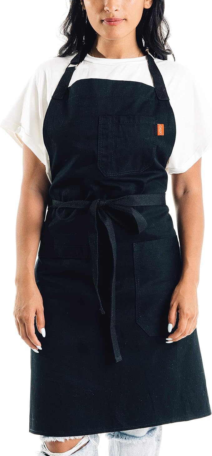 Caldo Daily Cotton Kitchen Apron for Cooking- Mens and Womens Professional Chef or Server Bib Apron - Adjustable Straps with Pockets and Towel Loop (Black)