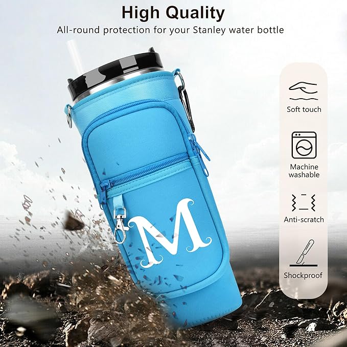 LOKASS Personalized Water Bottle Holder with Strap for Stanley Cup Accessories 40 oz Tumbler, Initial Water Bottle Carrier Bag/Phone Pocket, Mother's Day/Birthday Gifts for Women/Girls