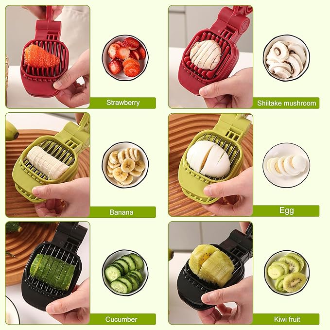 Fruit Slicer, Strawberry, Banana, Kiwi Cutter, Egg Slicer for Hard Boiled Eggs, for Soft Fruit Sausages, Cucumbers, Mushroom Cutter, Rapid & Safe Slicing Kitchen Gadgets (Green)