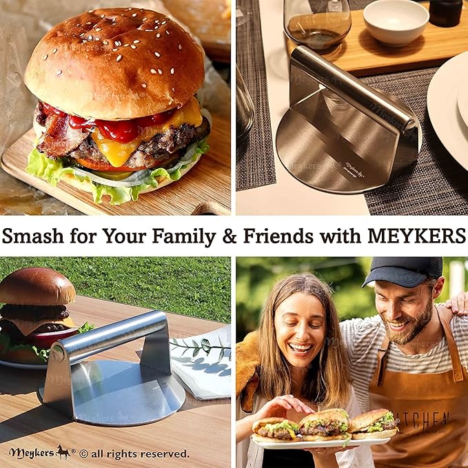 Meykers Smash Burger Press 6.3” Burger Smasher | for Griddle Grill Pan Skillet | Weight Gain Flat Presser Smashburger Maker 304 Stainless Steel | Meat Bacon Sandwich Panini | Tool Kit for BBQ Lover