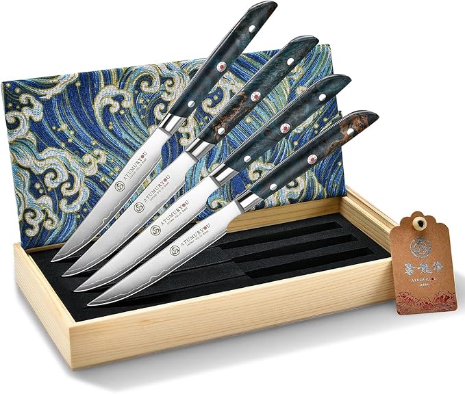 Steak Knives Set of 4, 5 inch Handcrafted Japanese VG10 Steel Kitchen Steak Knives, Non Serrated Meat Knife with Ergonomic Stabilized Wood Handle & Luxurious Wood Box, Cooking Gifts for Men Women