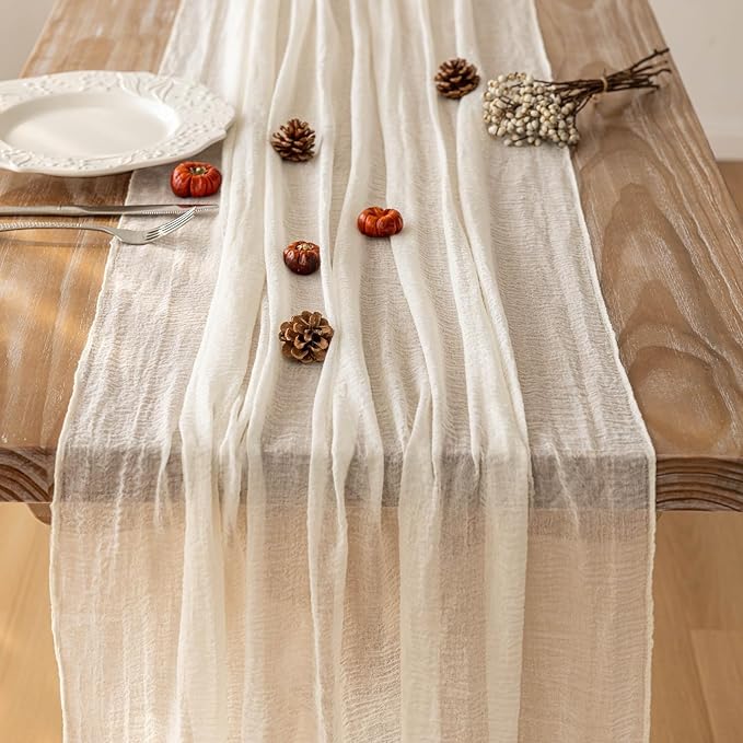 Keketoarrange White Valentines Cheesecloth Table Runner Ivory Cream Gauze Rustic Cheese Cloth Table Runner 120 Inch 10 FT for Wedding Baby Bridal Shower Party Sheer Boho Spring Home Decorations