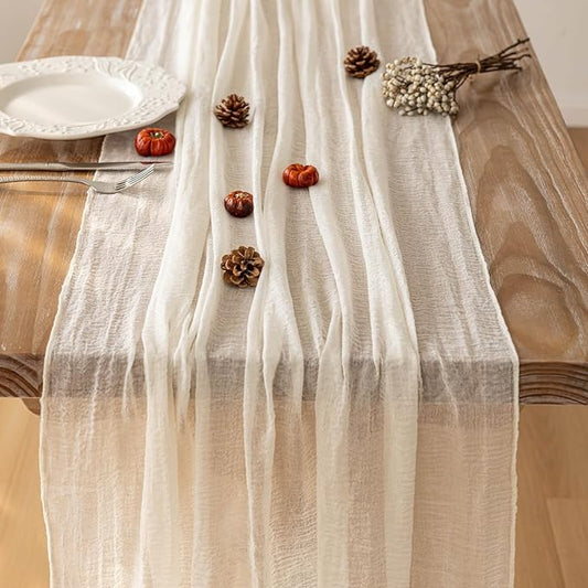 Keketoarrange White Valentines Cheesecloth Table Runner Ivory Cream Gauze Rustic Cheese Cloth Table Runner 120 Inch 10 FT for Wedding Baby Bridal Shower Party Sheer Boho Spring Home Decorations