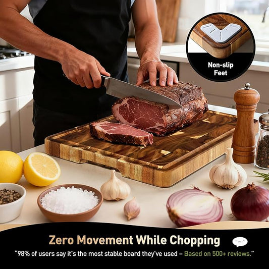 End Grain Cutting Board for Kitchen with Non-slip Feet, Acacia Wood Heavy Duty Checkered Cutting Board Upgraded Chopping Board with Juice Groove & Handle Large Wooden Butcher Block with Gift Box