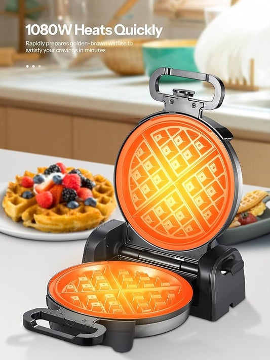 Reemix Waffle Maker, 180° Rotating Belgian Waffle Maker Round Classic Belgian 4-Piece, Evenly Baked | Non-Stick | Fast Preheat, Black+Silver