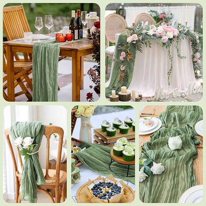 Wokceer Cheesecloth Table Runner 12Pack 10FT Sage Green Christmas Gauze Cheese Cloth Table Runner for Party Rustic Sheer Table Runners for Baby Bridal Shower Wedding Easter Table