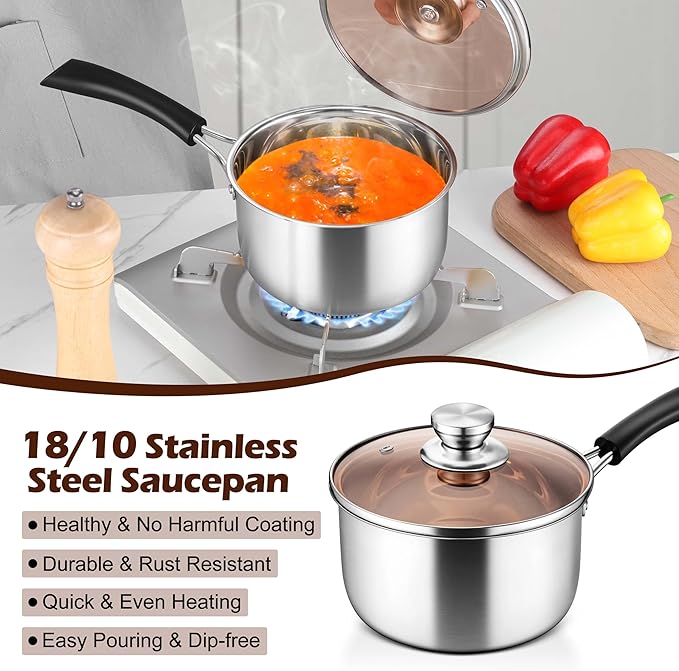 LIANYU 3QT Saucepan with Lid, Stainless Steel Sauce Pan Cooking Pot, 3 Quart Kitchen Cookware with Long Heatproof Handle, Dishwasher Safe