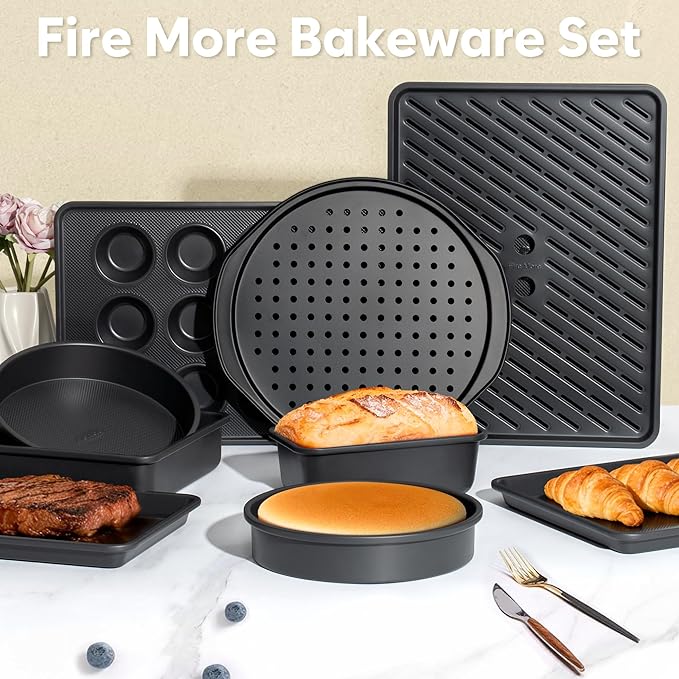 10-Piece Nonstick Baking Pan Set, 0.8MM Thick Stackable Bakeware Sets Including Cookie Sheets for Baking, Cooling Rack, Muffin Pan, Cake Pan, Pizza Pan, Loaf Pan