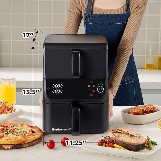 Elite Gourmet Dual Stacked Air Fryer, 10.5 Qt Capacity, PFAS Free Nonstick, 10 Presets, SYNC Cook & SYNC Finish, Adjustable Time & Temp, 1700-Watts, 34 Delicious Recipes, Black
