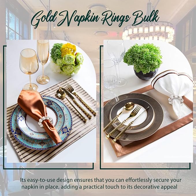 100Pcs Gold Disposable Napkin Rings Imitation Pearl Ring Napkin Holder Delicate White&Gold Beaded Serviette Buckles for Wedding Party Dinner Table Decor and Daily Use