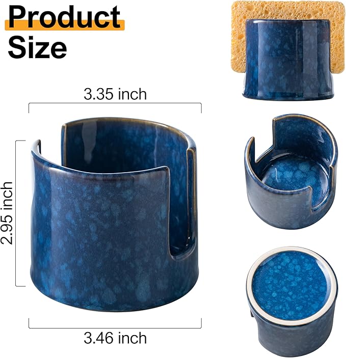 Kitchen Sponge Holder, Ceramic Sponge Organizer Scrubby Holder Dish Rack for Kitchen and Bathroom, Farmhouse Decor, Blue