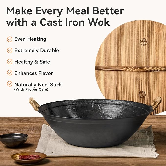 WANGYUANJI 13.4 Inch Cast Iron Wok with Wooden Lid and Stainless Steel Spatula, Flat Bottom Double-Handle Chinese Stir Fry Pan, Uncoated Cast Iron Wok for Induction, Gas and Electric Stoves