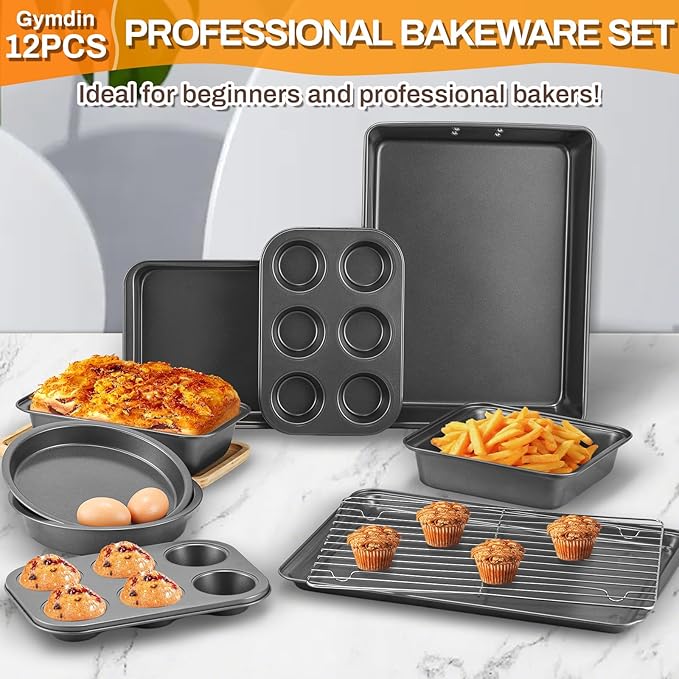 Gymdin 12PCS Nonstick Bakeware Set, Non-Toxic Carbon Steel Baking Pans Set with Wider Grip, Includes Roasting Pan, Cookie Sheet, Cake Pans, Muffin Pans, Cooling Rack, Oven Mitts, Easy Release