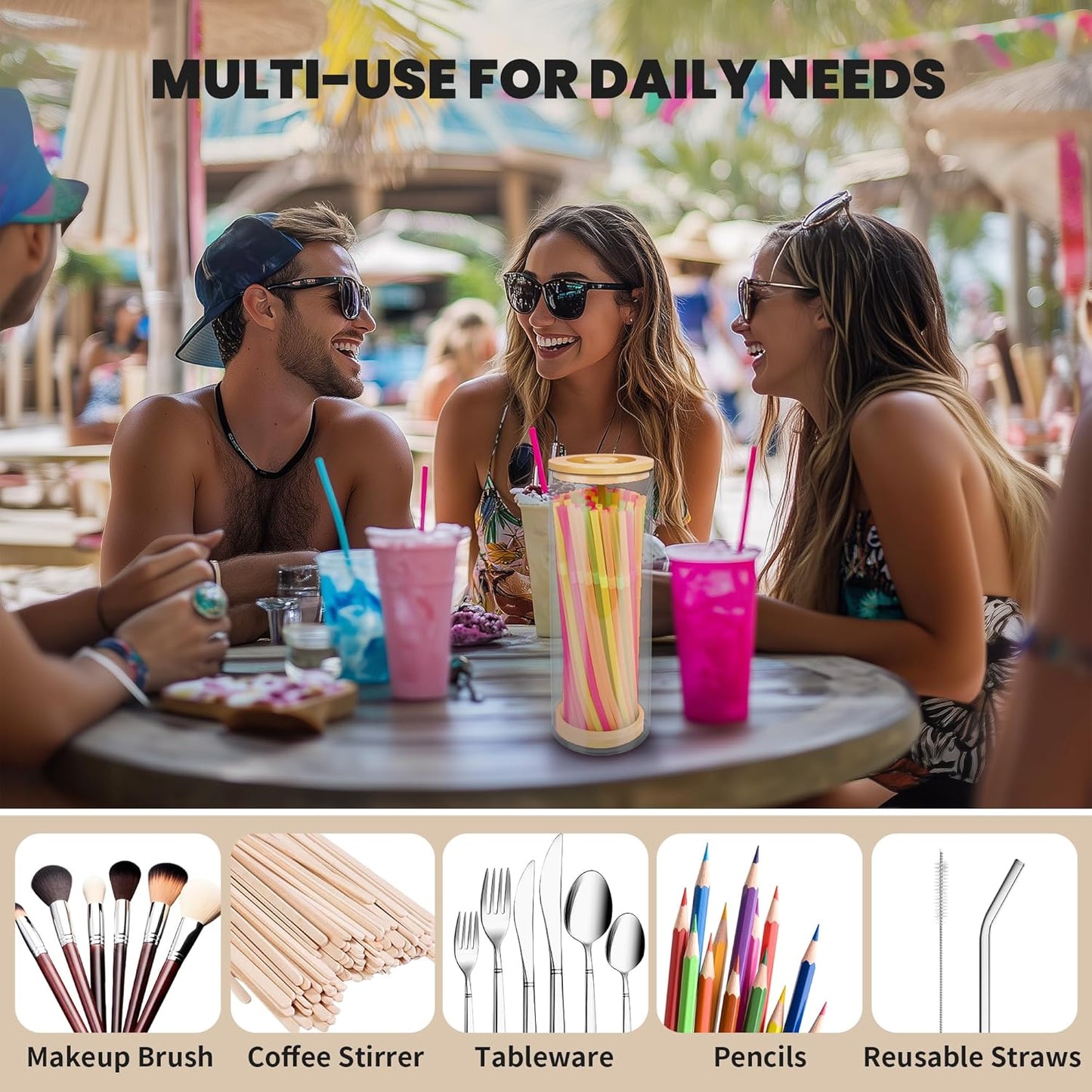Straws Holder Dispenser for Counter, 10-Inch Drinking Straw Dispenser,Acrylic Straw Organizer with Bamboo Lid,Includes 100 Straws,Transparent Straw Storage Container for Kitchen,Pencils and Silverware