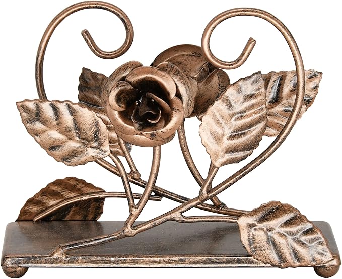 OwlGift Bronze Napkin Holder – Rose Design Metal Napkin Storage for Tables Modern Serviette Organizer – Tissue Dispenser Perfect for Outdoor Events – Decorative Clear Cocktail Napkin Kitchen Décor