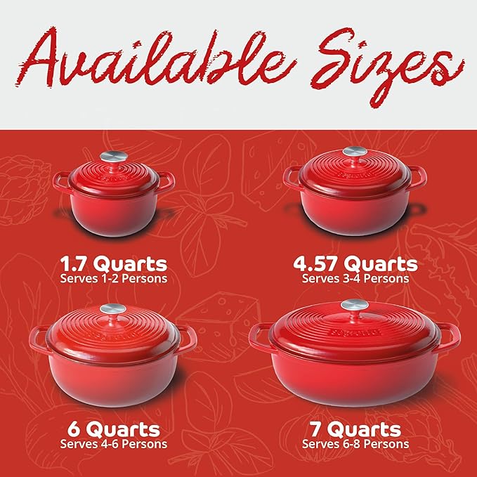 Segretto Cookware Enameled Cast Iron Dutch Oven with Handle, 4.57 Quarts, Rosso (Red) 4.57 qt Oven Safe Pot With Lid Ceramic Enamel Cast Iron Pot Cookware for Bread Baking, Soups