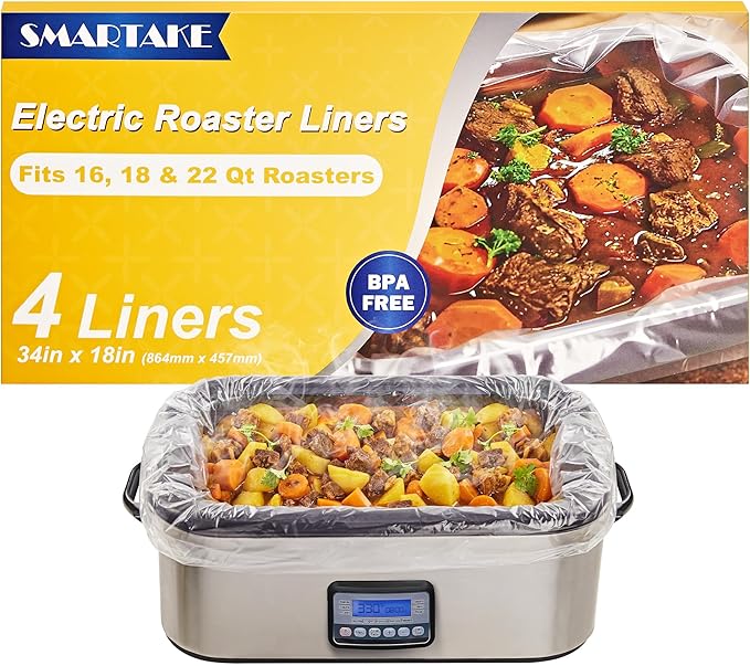 SMARTAKE Electric Roaster Liners, 4 Count Disposable Roaster Liners, Fits 16, 18, 22 Quart Roasters, Roaster Pan Oven Liners Plastic Cooking Bags for Instant Cleanup, 18 x 34 Inch