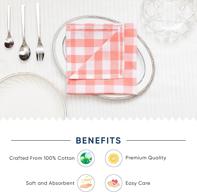 Blue Needles Gingham Buffalo Plaid Cloth Napkins 100% Cotton Set of 12 Dinner Table Napkins 18x18 inch Soft, Reusable, Washable Perfect for Wedding Parties & Everyday Use - Salmon & White