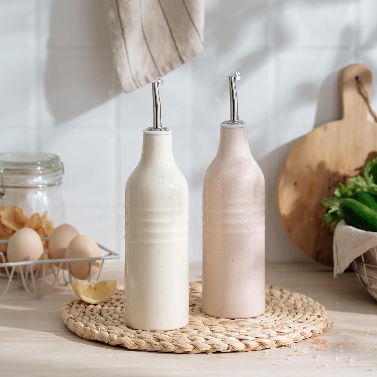 amiware Jupiter 16oz Ceramic Olive Oil Dispenser Bottle, Olive Oil and Vinegar Dispenser Bottle Set of 2 with Stainless Steel Pourers, Suitable for Storage Vinegar, Vanilla White & Light Pink