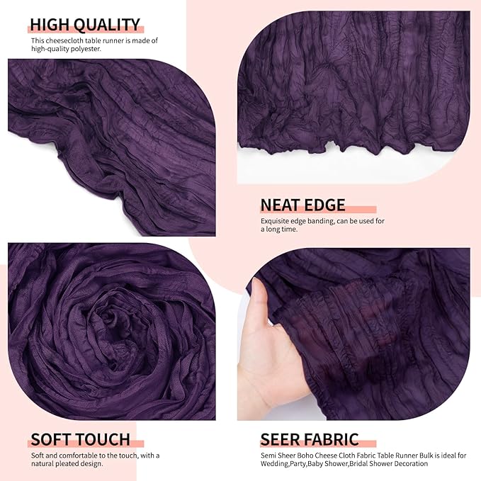 12 Pcs Dark Purple Cheesecloth Table Runner 10Ft, Gauze Table Runners 21.5 x 120 inch,Semi Sheer Cheese Cloth Fabric Runner Bulk for Wedding,Party,Baby Shower,Bridal Shower