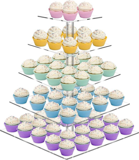 Weddingwish 5 Tier Acrylic Cupcake Stand, Clear Cupcake Tower Stand for 50 Cupcakes, Dessert Display Stand for Wedding Birthday