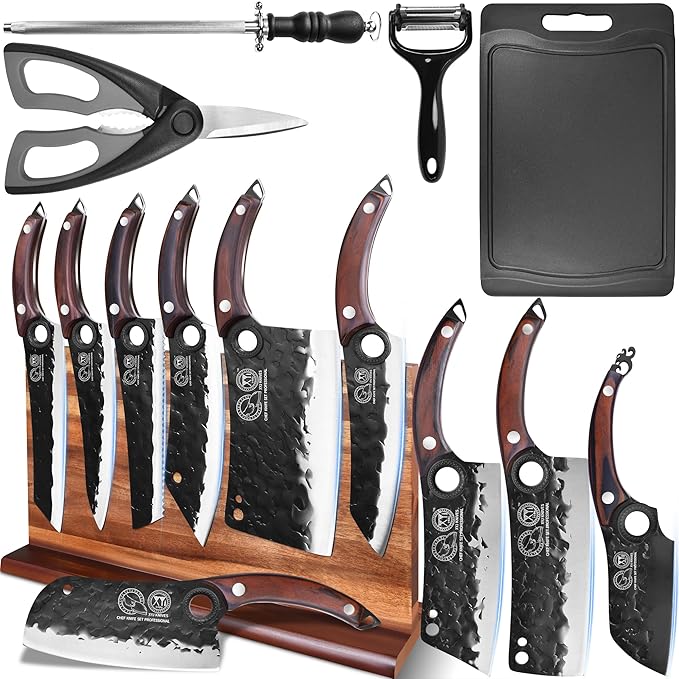 XYJ Authentic Since 1986,Knife Block Set,High Carbon Steel Forged Blades,Kitchen Knives Set with Wooden Magnetic Knife Block,Sharpening Steel,Cutting Board,Cleaver Slicing Knife,Wood Handle