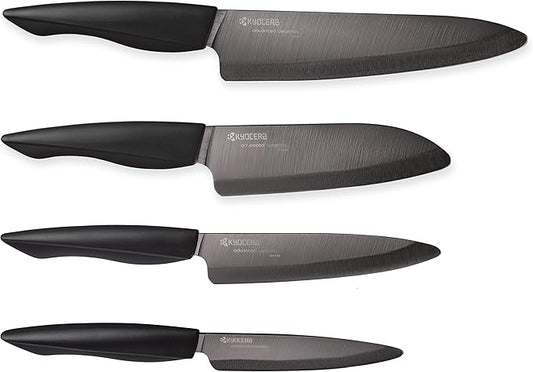 Kyocera 5 piece Ceramic Knife Block Set, Black Patented Blade Sizes: 7", 5.5", 5", 4.5", Stainless