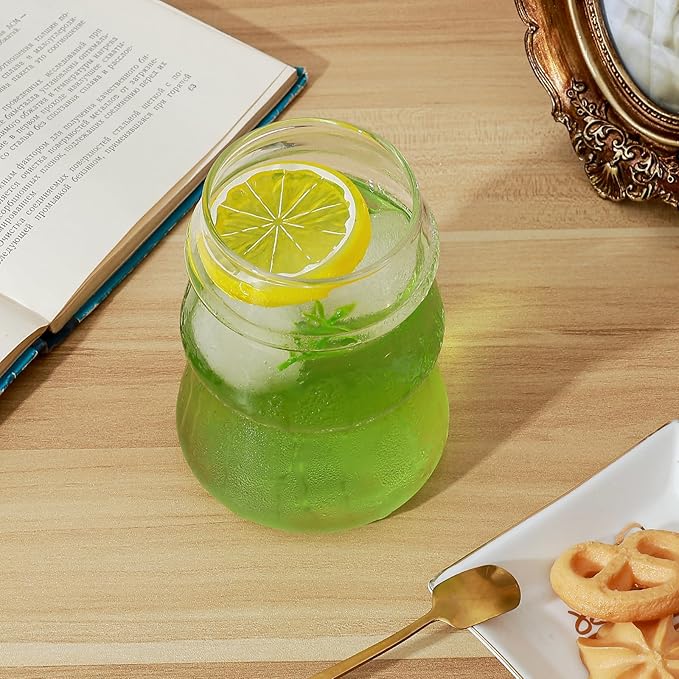 Koythin 2-Piece Ribbed Glass Cups, Vintage Drinking Glassware for Iced Coffee Juice Cocktails Milk Tea Beer, 16 oz/450 ml Cute Bubble Cup (Trees)