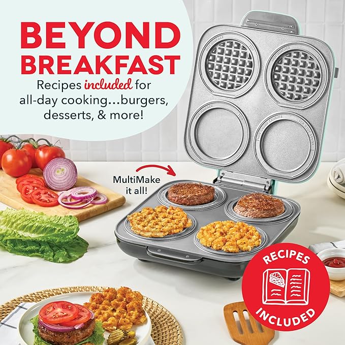 Dash MultiMaker® Family Mini Maker System - Dual Ceramic Nonstick Cooking Surfaces - Built-In Cord Wrap - Makes 4-Inch Waffles - Aqua, 8 Plates
