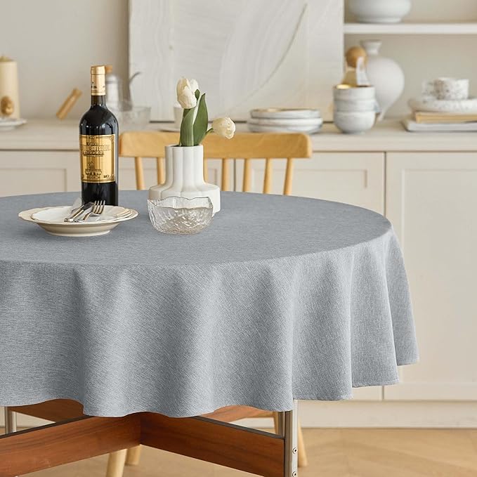 Linen Texture Round Tablecloths 60 Inch, Decorative Waterproof Farmhouse Table Cloth Anti-Scratch Soft Cover for Holiday, Banquet,Dining& Kitchen Table (60 Inch,Round (2-4 Seats), Cool Grey)
