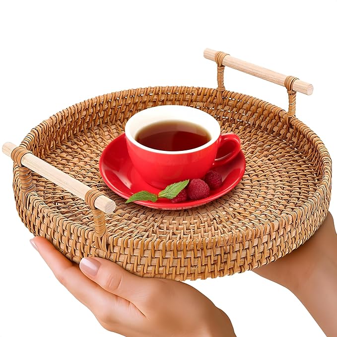Rattan Tray 8.7-Inch Round – Woven Serving Basket with Handles – Holidays Romantic Decorative Tray for Coffee Table, Bread, Fruit, Vegetables, Restaurant & Home Use Charming Easter Styling Table Decor