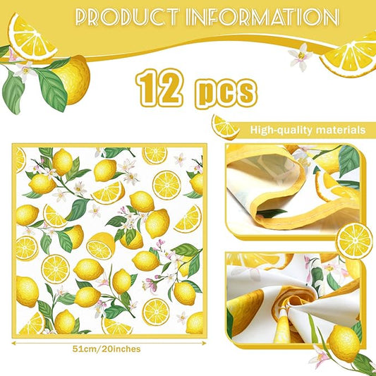 12 Pcs Lemon Cloth Napkins Lemon 20"x20" Washable Dinner Tea Party Napkins for Kitchen Party Wedding Restaurant Indoor Outdoor Botanical Fresh Spring Summer