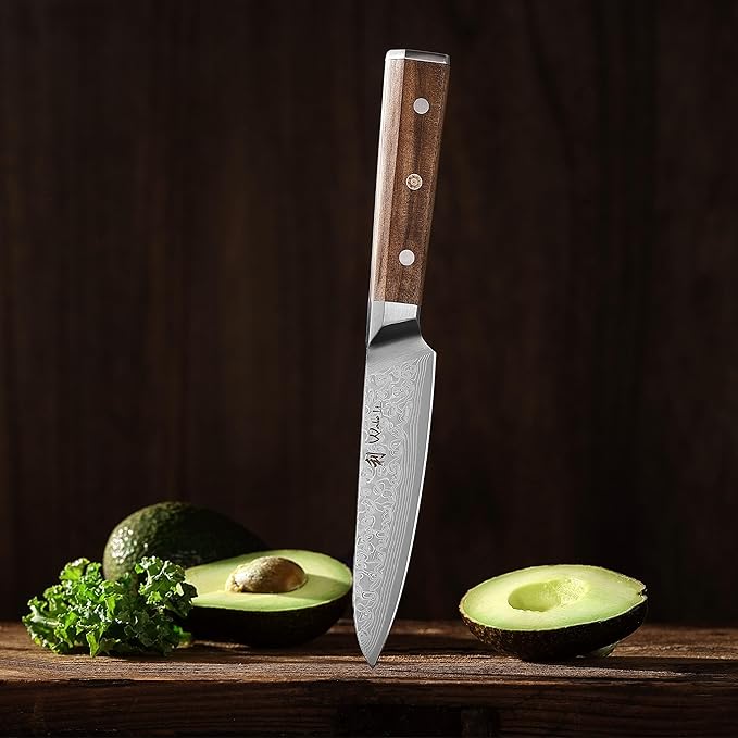 Wakoli Oribu Damascus All-Purpose Knife – Full Tang Kitchen Knife | 4.5-Inch Blade Made of 67-Layer Genuine Damascus Steel | Ergonomic Olive Wood Handle | Sharp & Durable